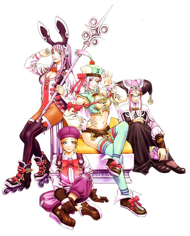 Four anime characters in colorful outfits