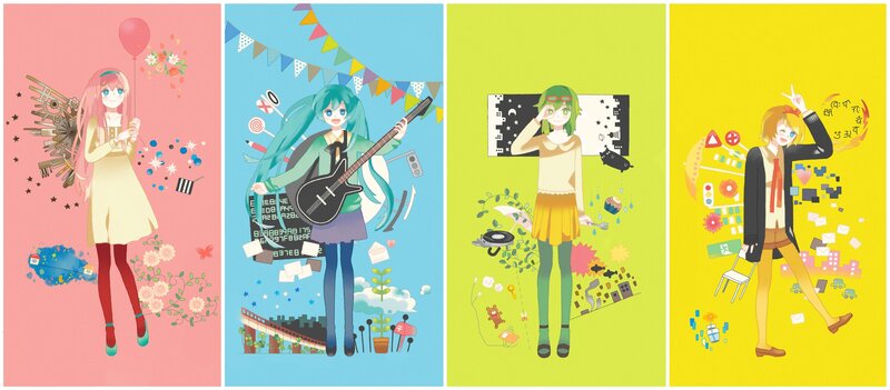 Four anime characters in colorful scenes