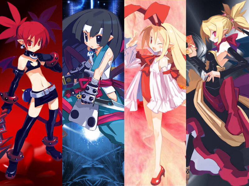 Four anime characters in colorful scenes