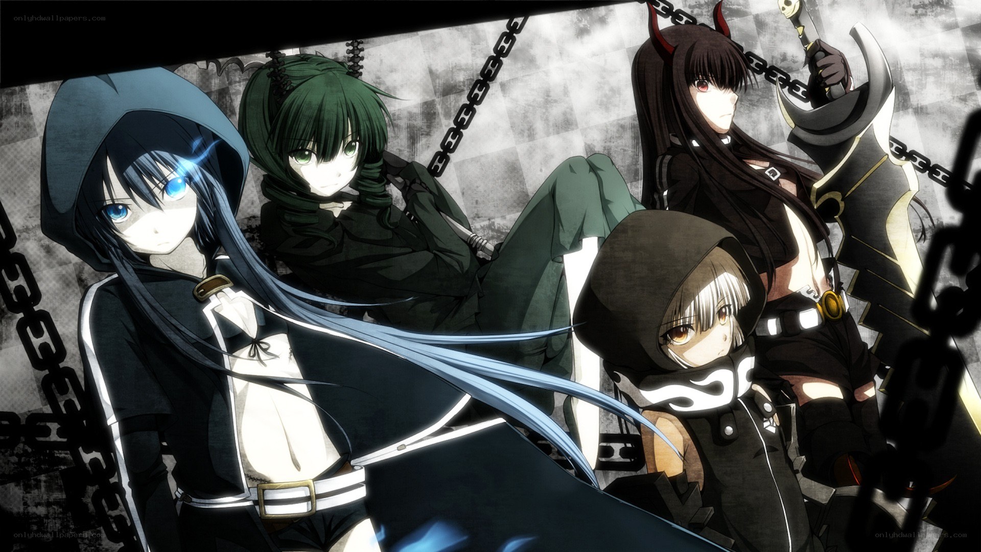 Four anime characters in dark attire
