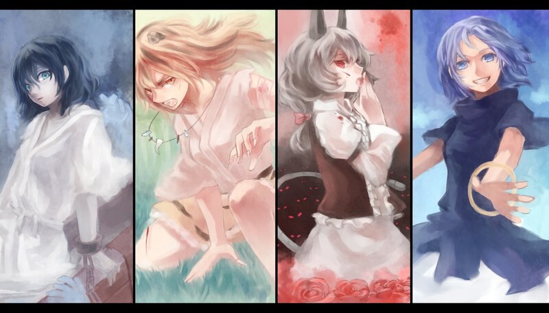 Four anime characters in different scenes