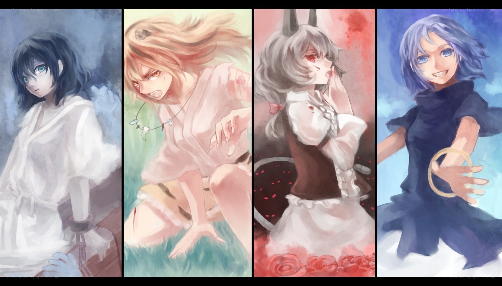 Four anime characters in different scenes