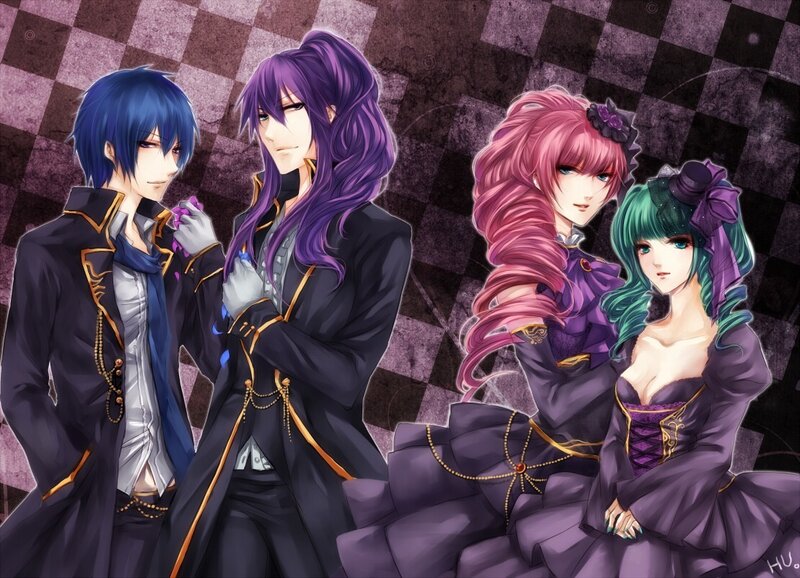 four anime characters in formal wear