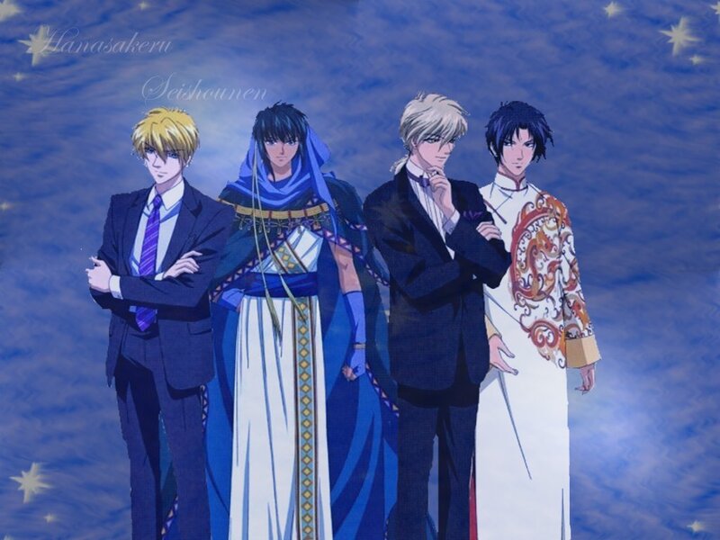 Four anime characters in formal wear
