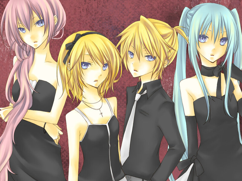 four anime characters in formal wear
