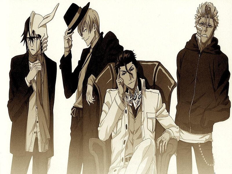 four anime characters in formal wear