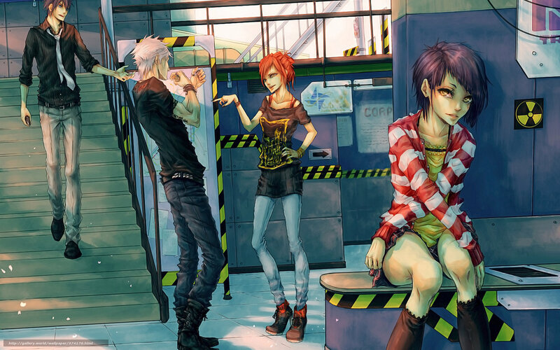 Four Anime Characters in Industrial Setting — Blue