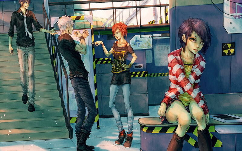 Four Anime Characters in Industrial Setting