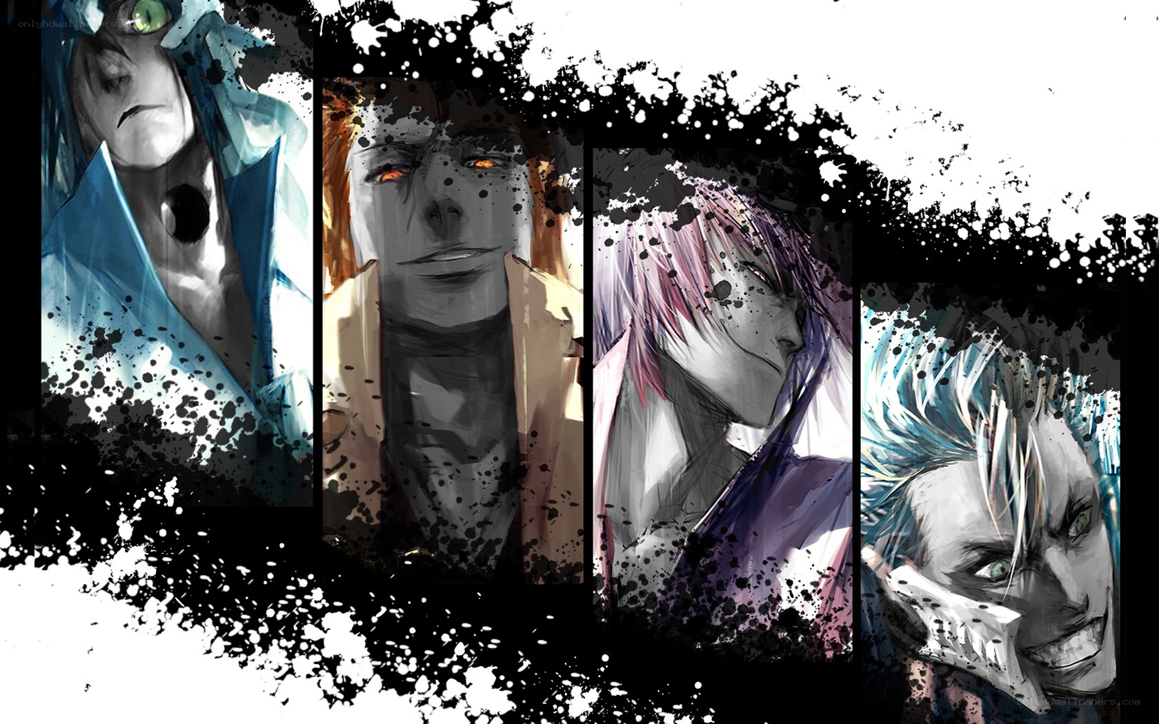 Four anime characters in panels