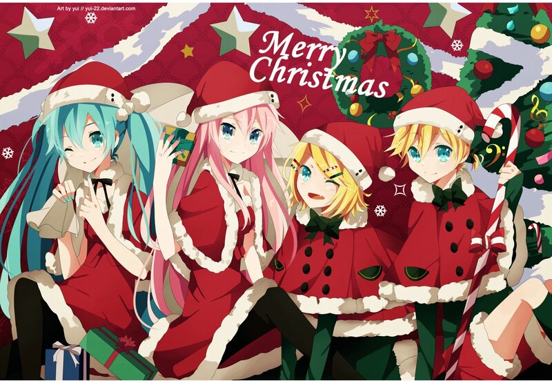 Four Anime Characters in Santa Outfits