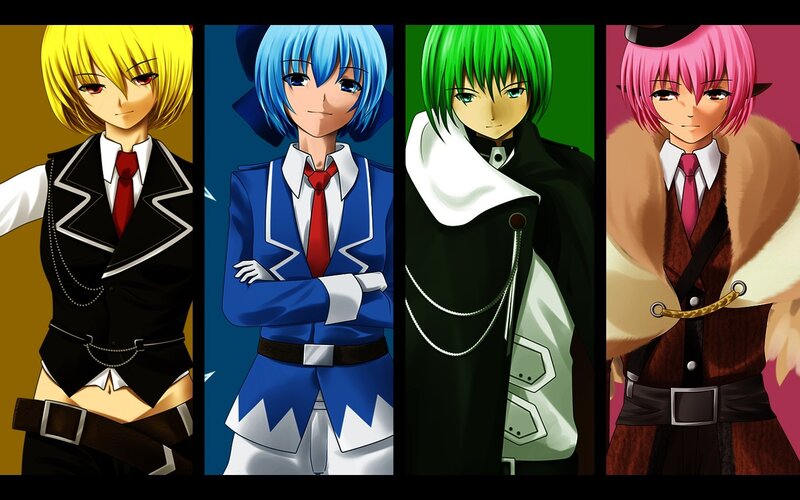four anime characters in school uniforms