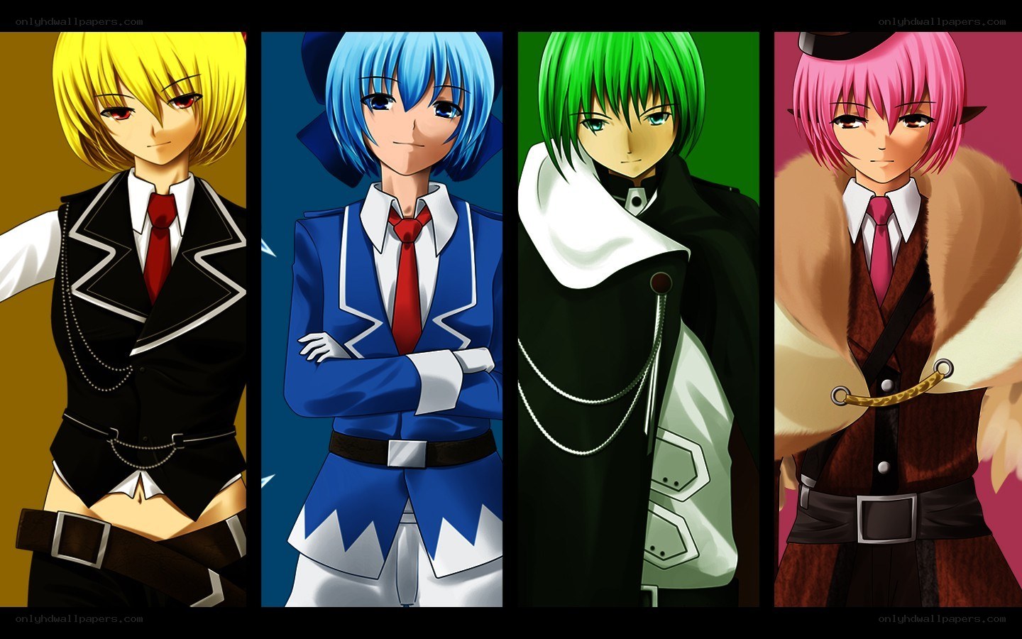 four anime characters in school uniforms