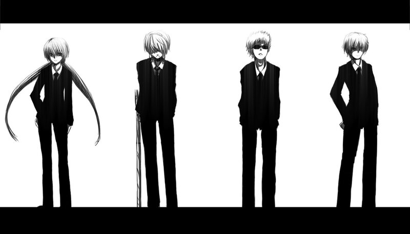 four anime characters in suits