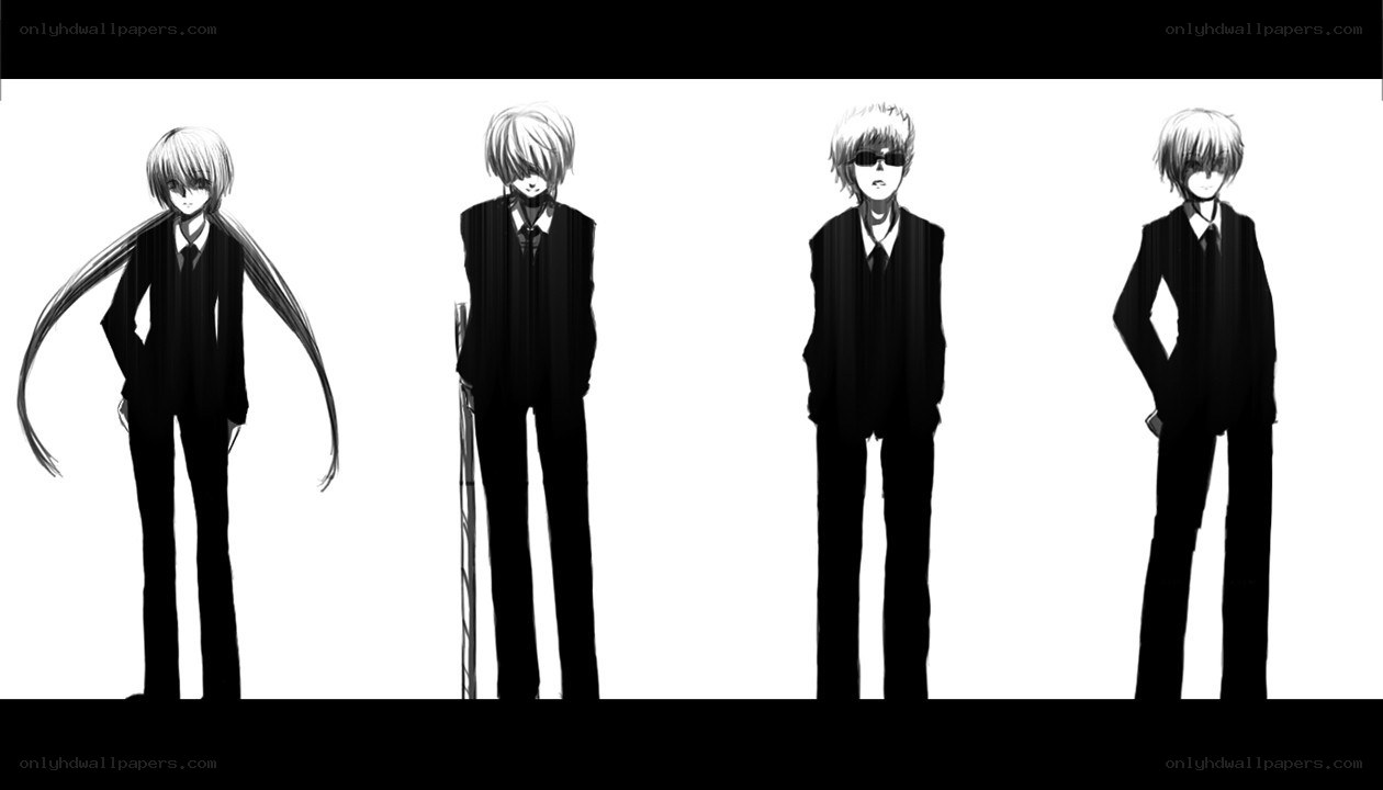 four anime characters in suits