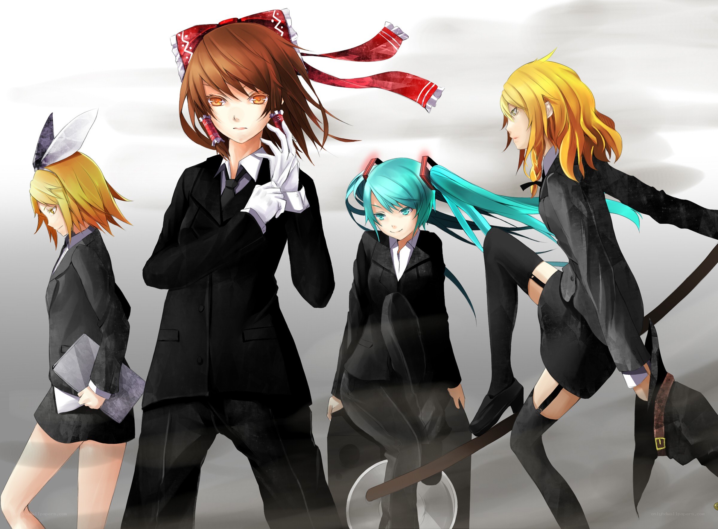 Four anime characters in suits
