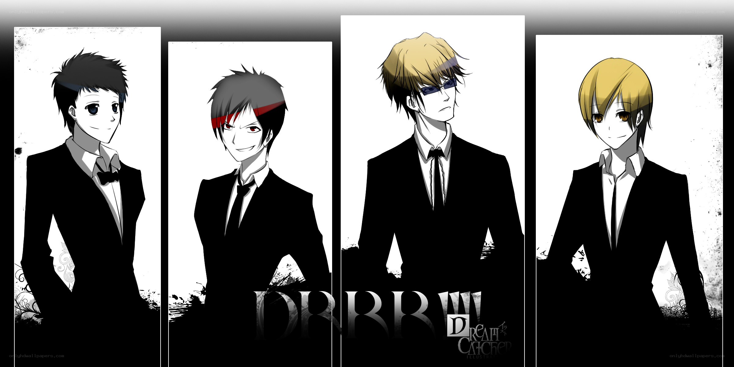 four anime characters in suits