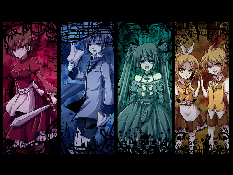 Four anime characters in themed panels