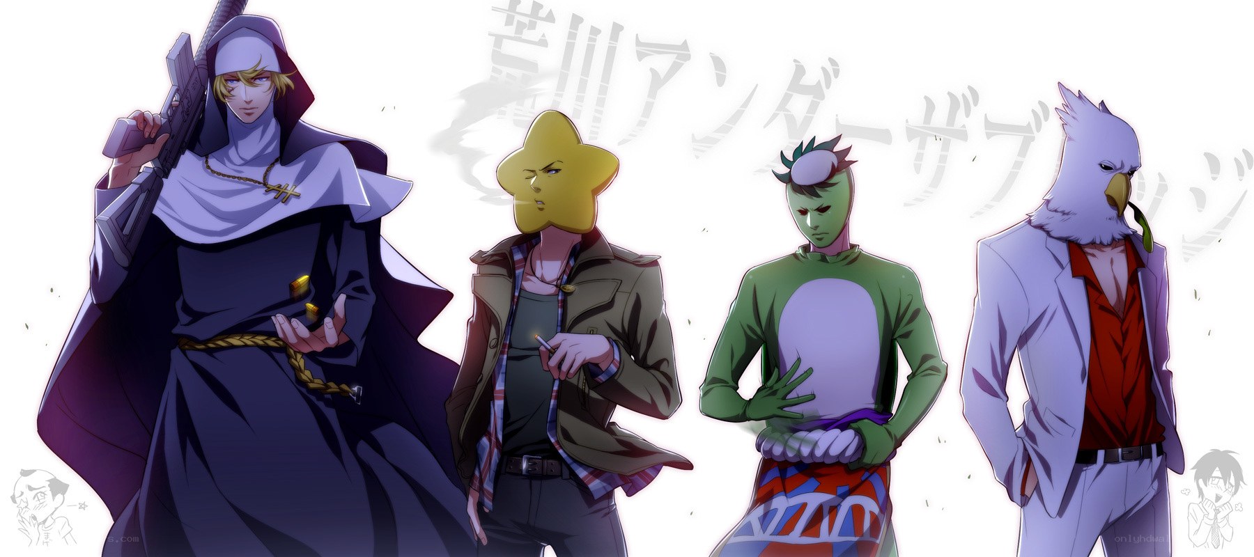 Four anime characters in unique costumes