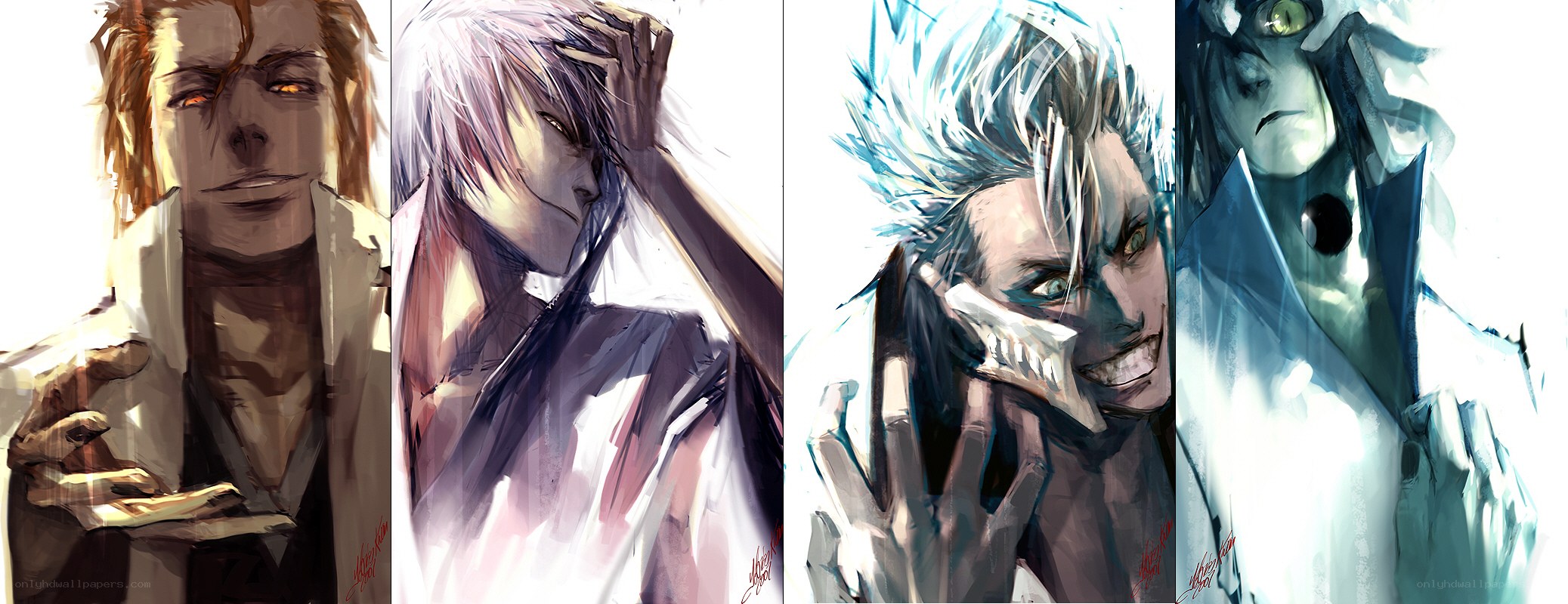 Four anime characters in white coats