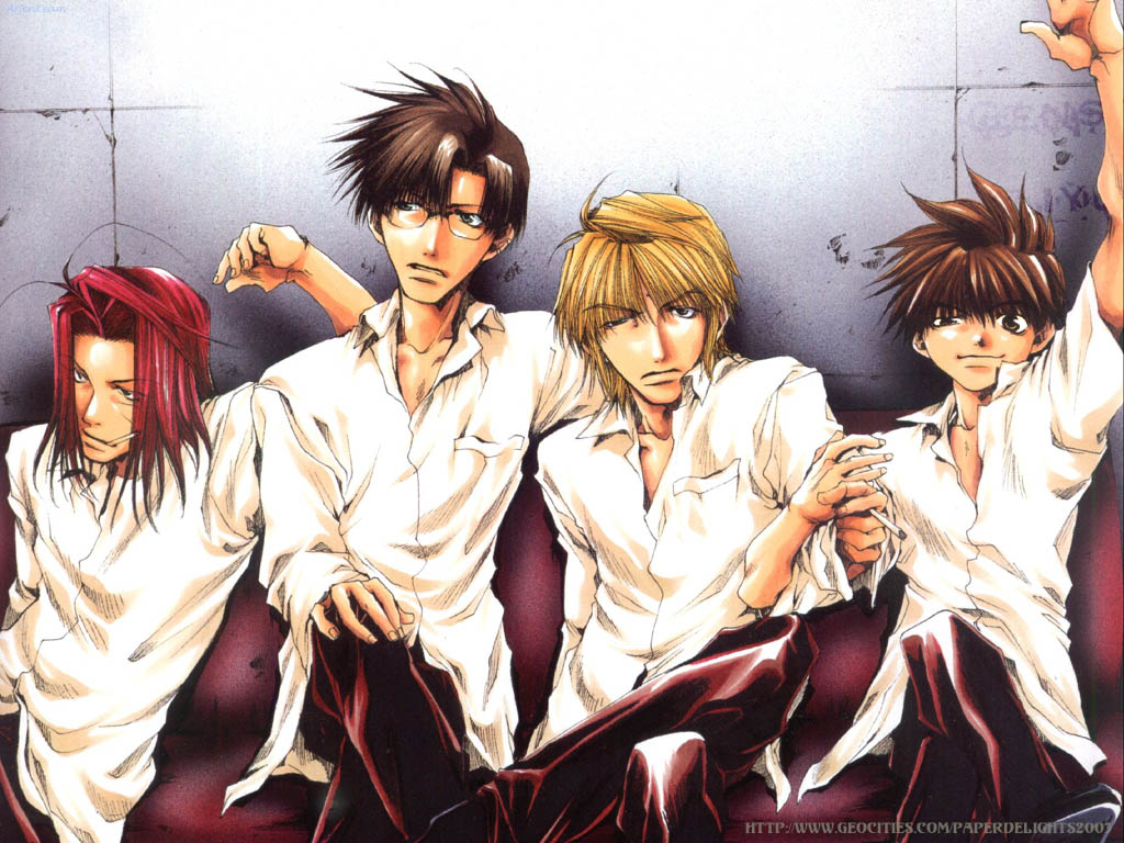 Four anime characters in white shirts