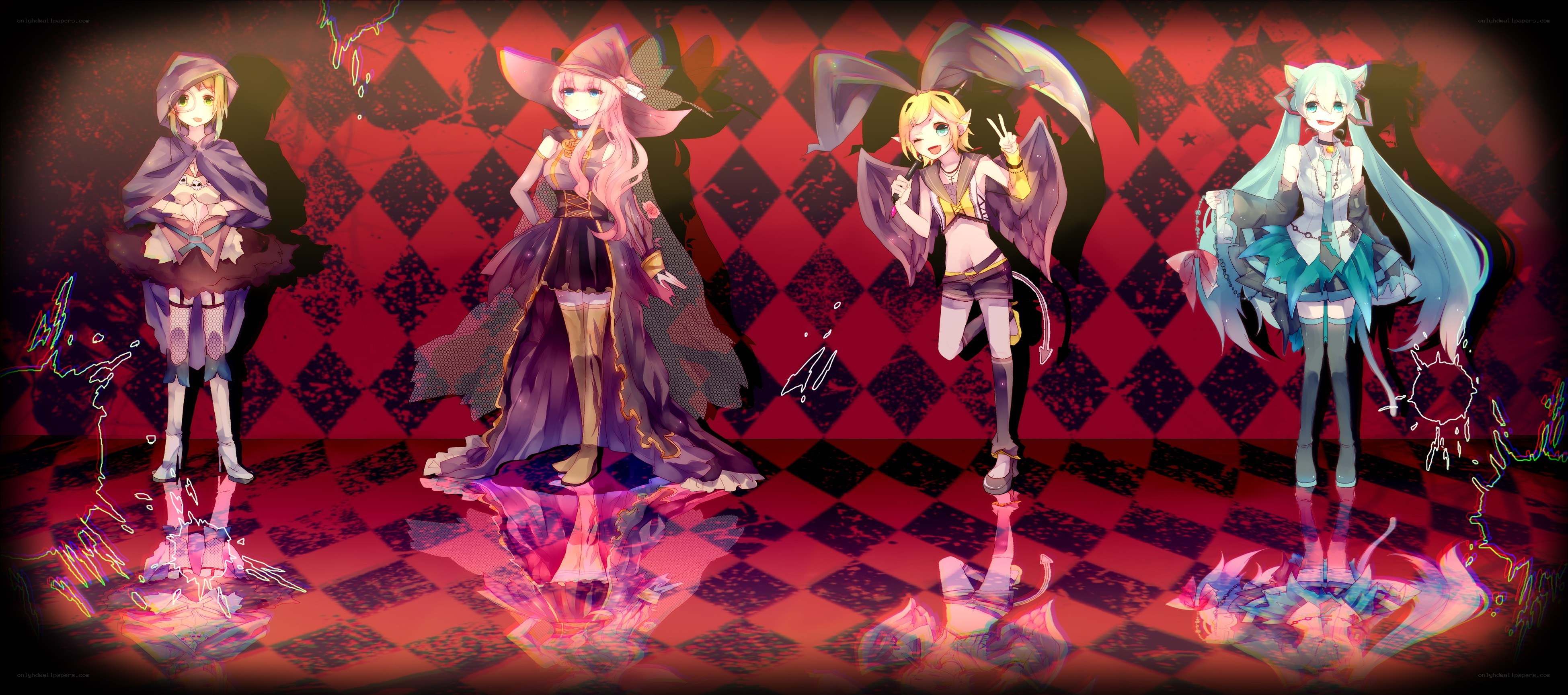 Four anime characters on a checkered floor