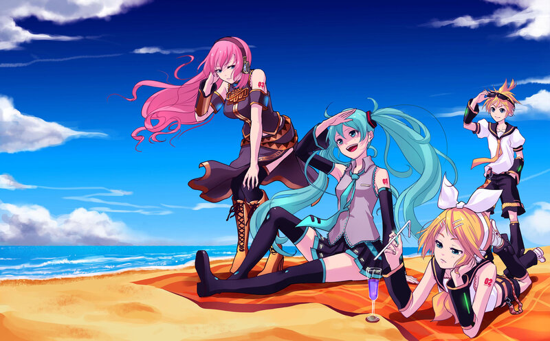 Four Anime Characters on Beach