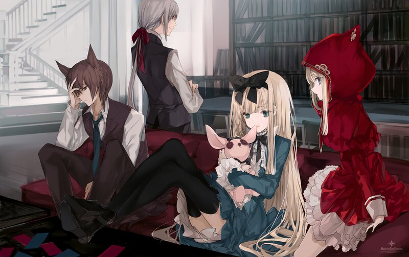 Four Anime Characters on Couch — Red