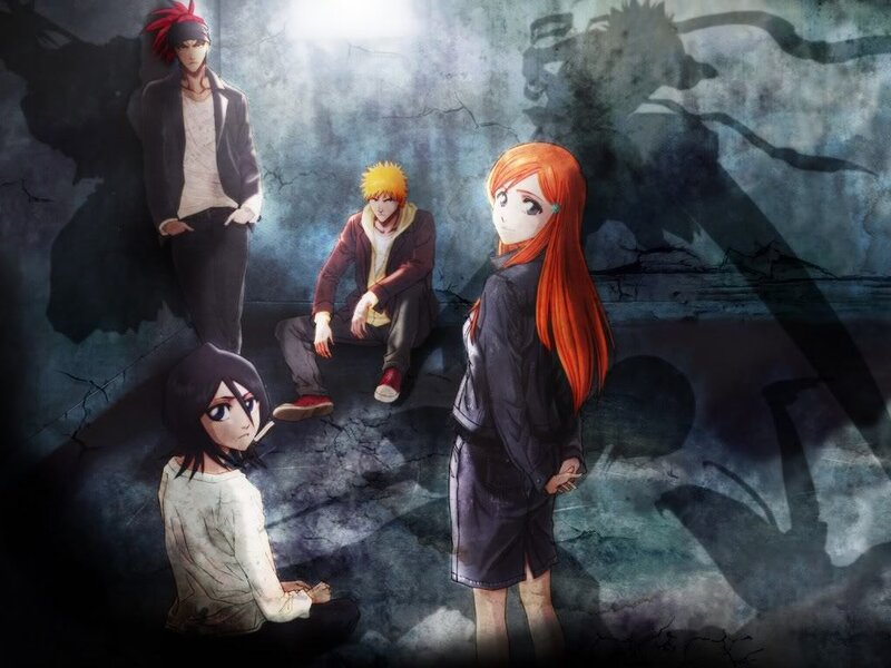 Four Anime Characters — Orange, Dramatic, Cracked Wall