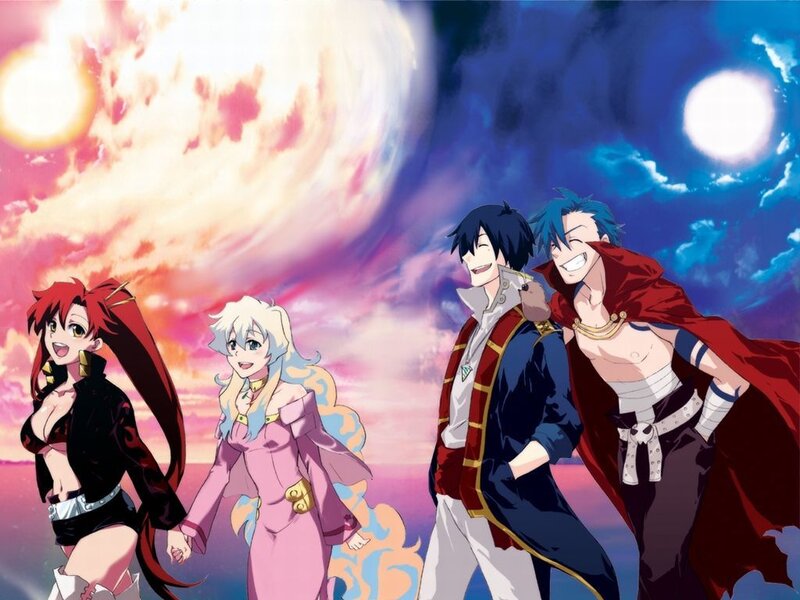 Four Anime Characters — Pink, Dramatic, Sunset