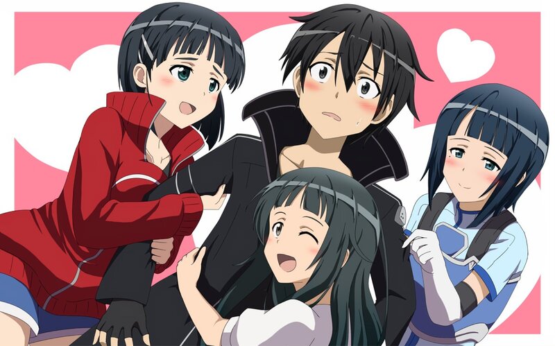 Four Anime Characters — Pink, Playful, Heart Shapes