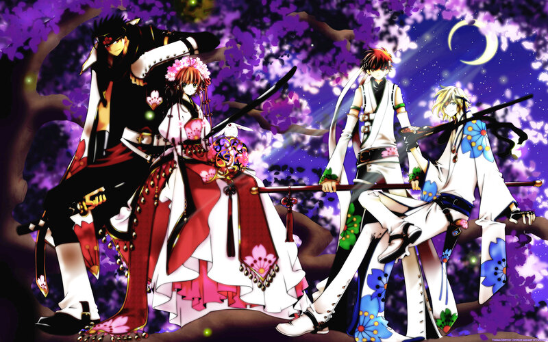 Four Anime Characters — Purple, Dramatic, Night, Cherry Blossoms
