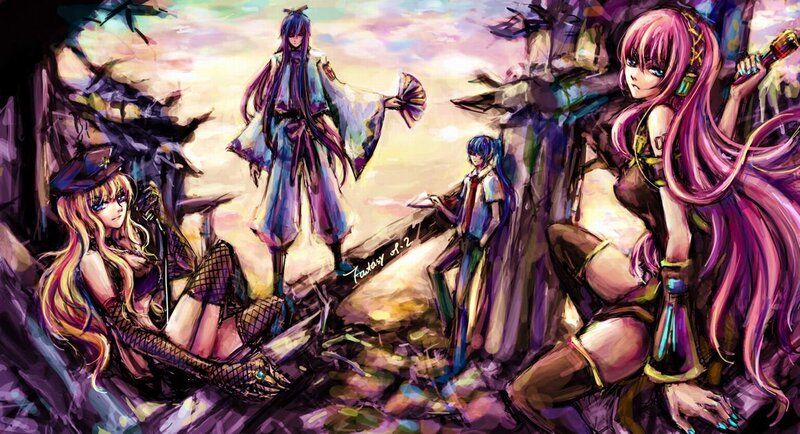Four Anime Characters — Purple, Dramatic, Sunset, Digital Art