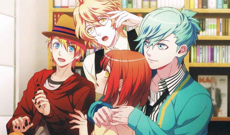Four Anime Characters — Red, Dramatic, Bookshelf