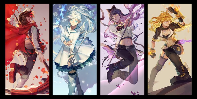 Four Anime Characters — Red, Dramatic, Digital Art, Swords