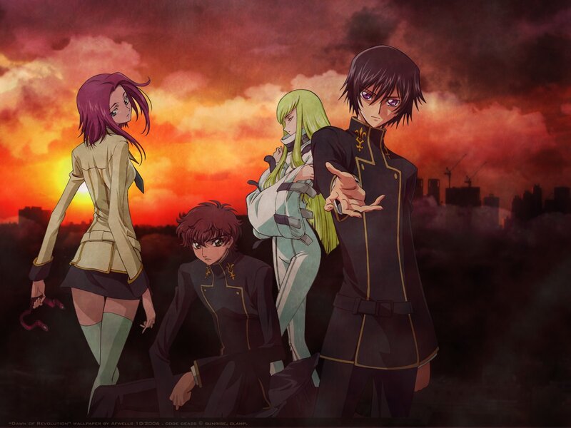Four Anime Characters — Red, Dramatic, Sunset, City Skyline