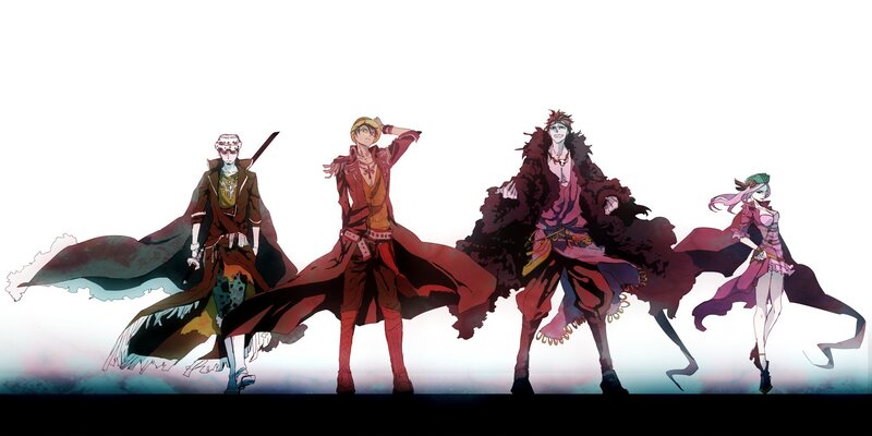 Four Anime Characters — Red, Dramatic, Swords