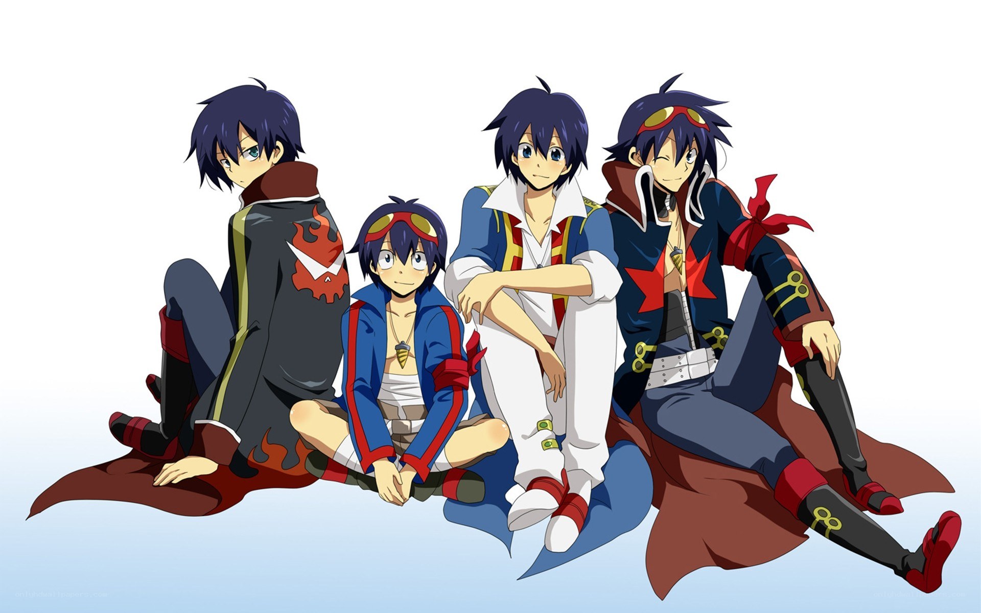 four anime characters sitting together
