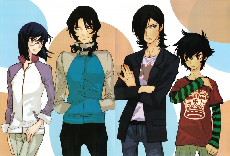 four anime characters standing together