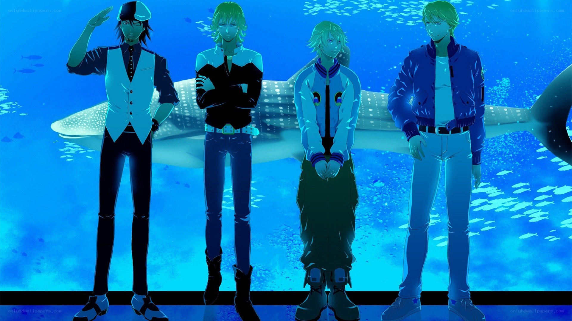 four anime characters underwater