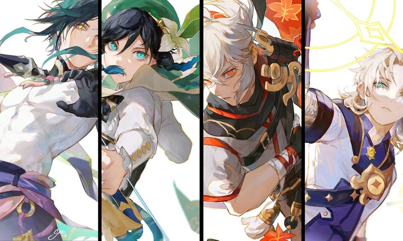 Four Anime Characters — White, Dramatic, Digital Art