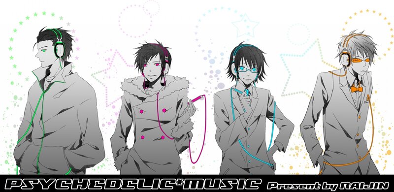 four anime characters with headphones