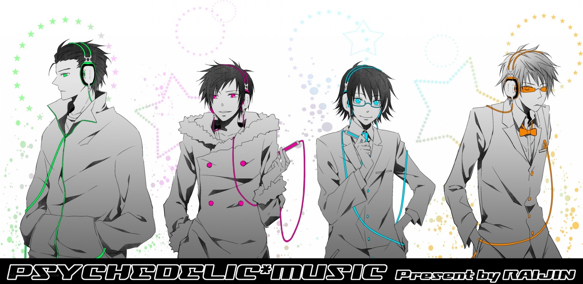 four anime characters with headphones