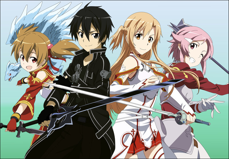 Four Anime Characters with Swords — White