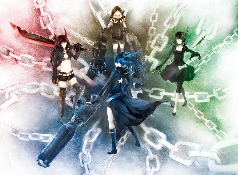 Four anime characters with weapons