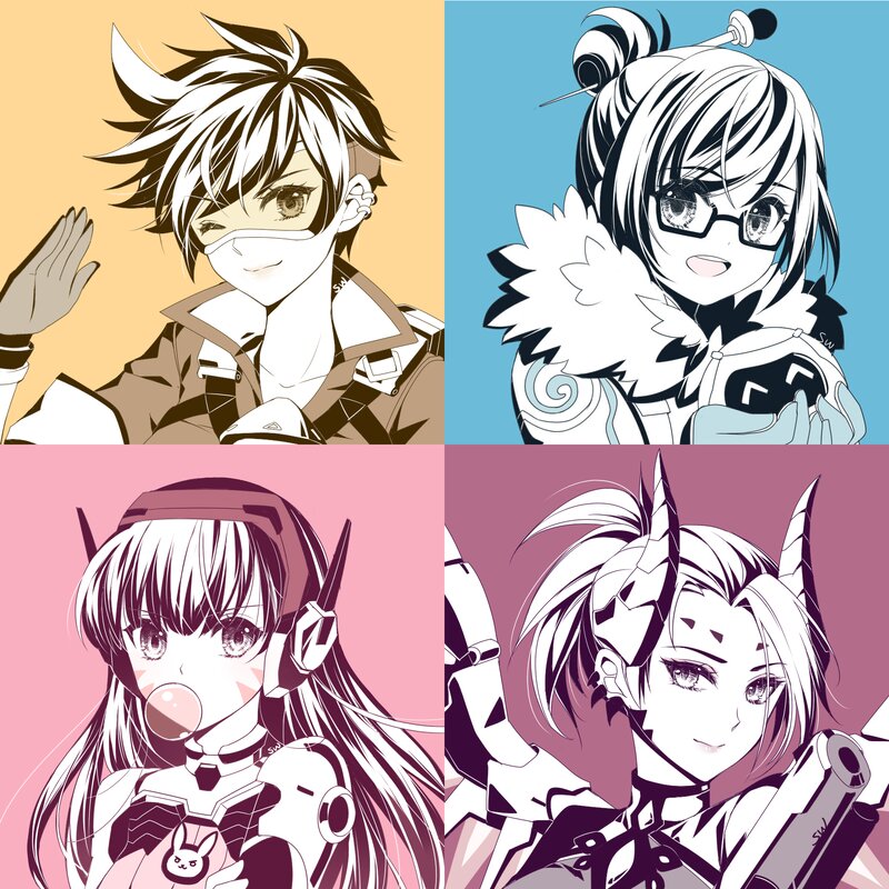 Four Anime Characters — Yellow, Playful, Glasses