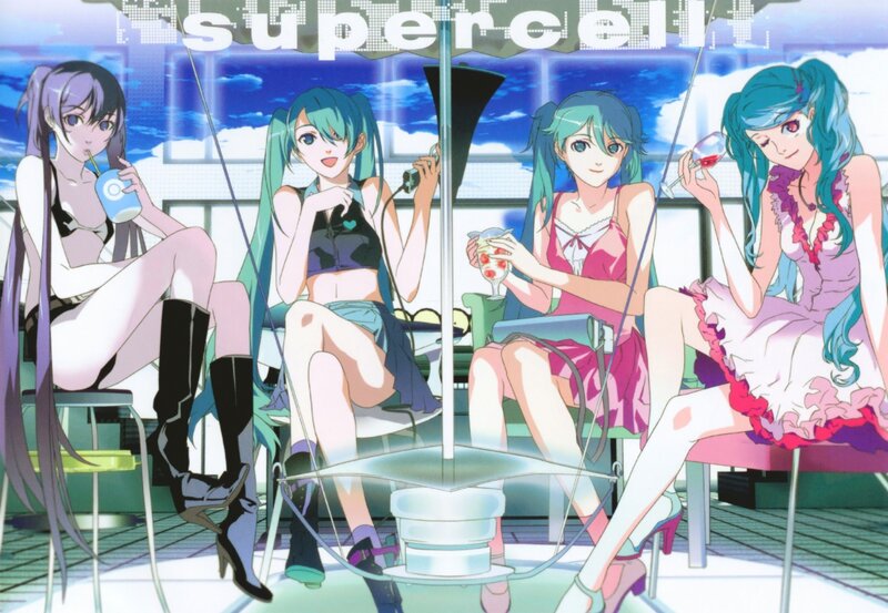 Four anime girls at a cafe