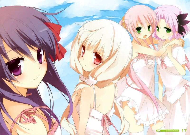 Four Anime Girls — Blue, Cheerful, Afternoon, Clouds