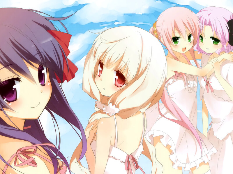 Four Anime Girls — Blue, Cheerful, Afternoon