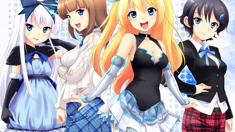 Four Anime Girls — Blue, Cheerful, Blue Bows