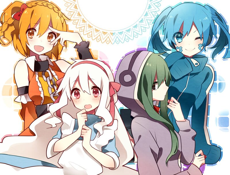 Four Anime Girls — Blue, Cheerful, Digital Art